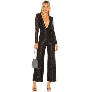 Lovers + Friends Leighton Long Sleeve Black Sequin Jumpsuit Size Small